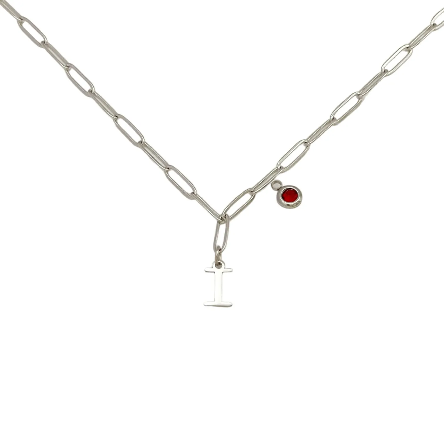 Alphabet Birthstone Paperclip Necklace Silver (H-N)