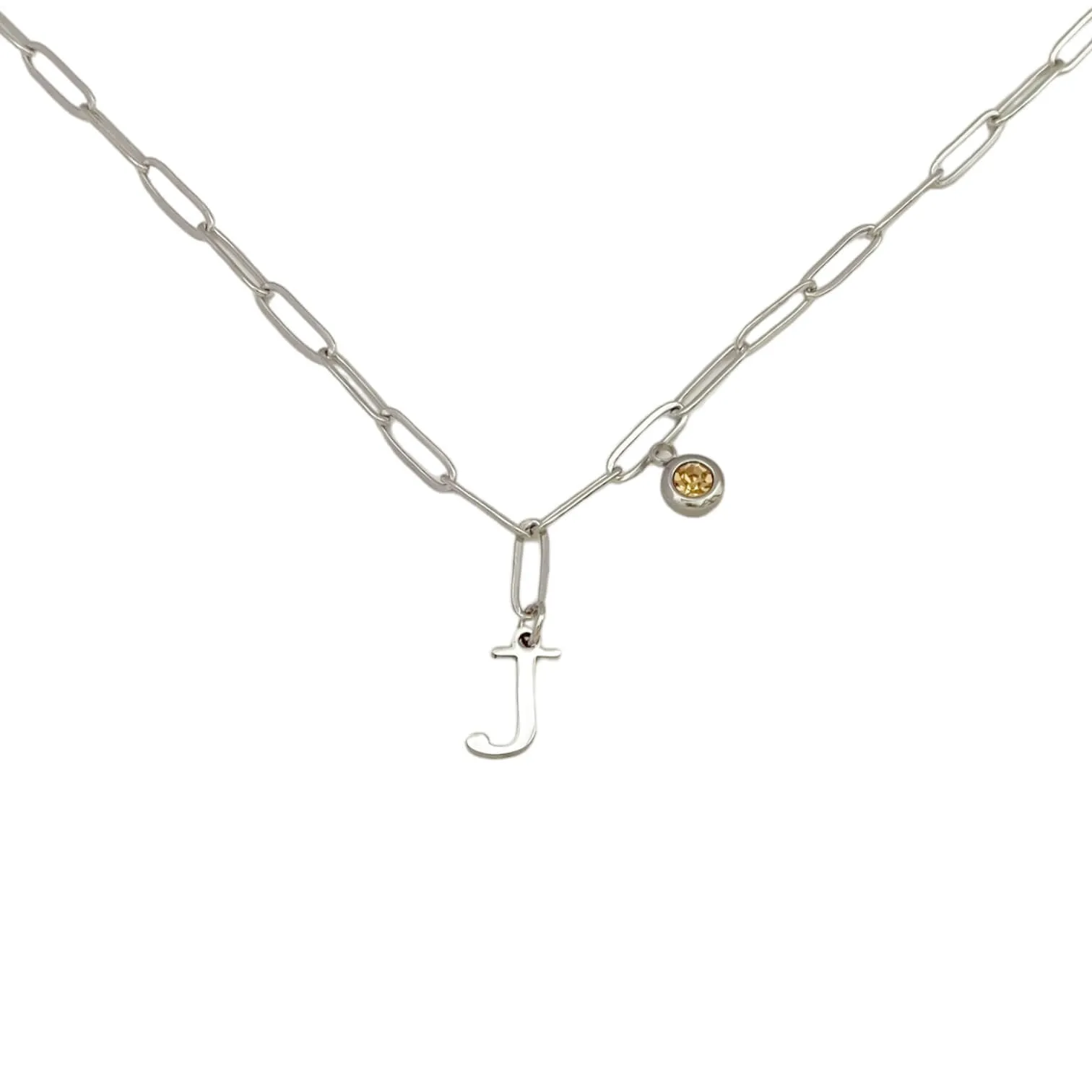 Alphabet Birthstone Paperclip Necklace Silver (H-N)