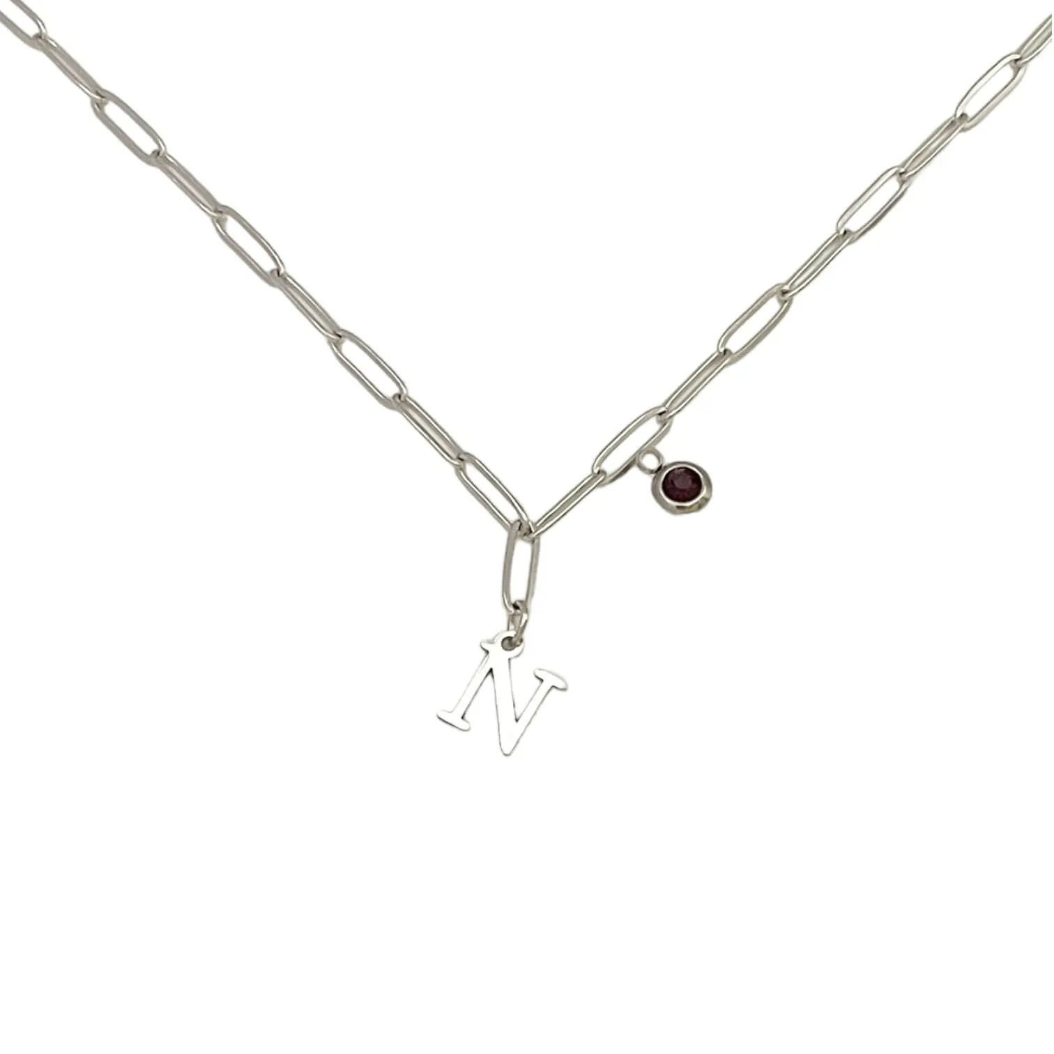 Alphabet Birthstone Paperclip Necklace Silver (H-N)