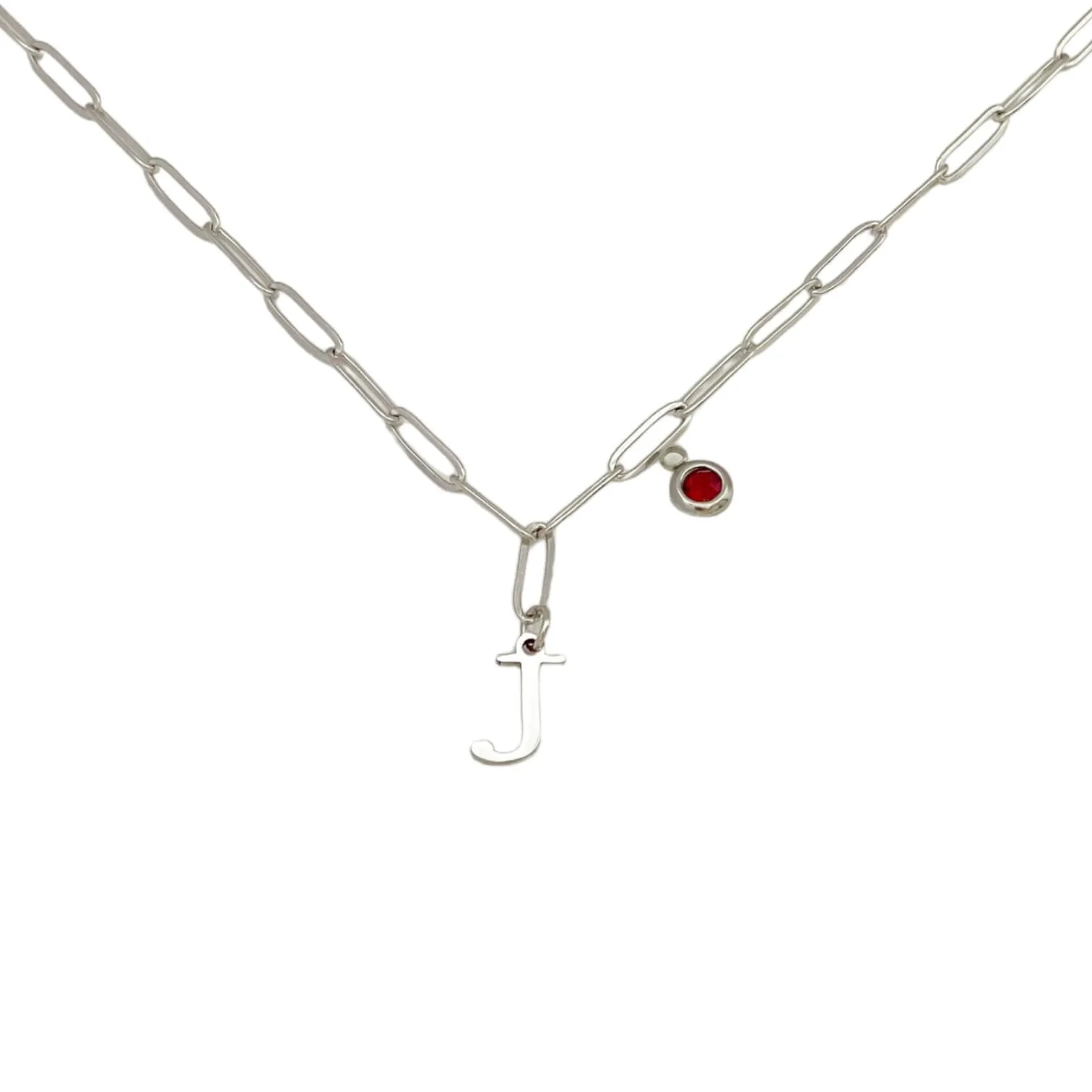 Alphabet Birthstone Paperclip Necklace Silver (H-N)