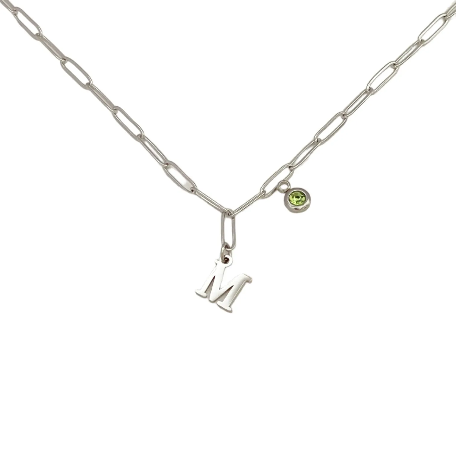 Alphabet Birthstone Paperclip Necklace Silver (H-N)