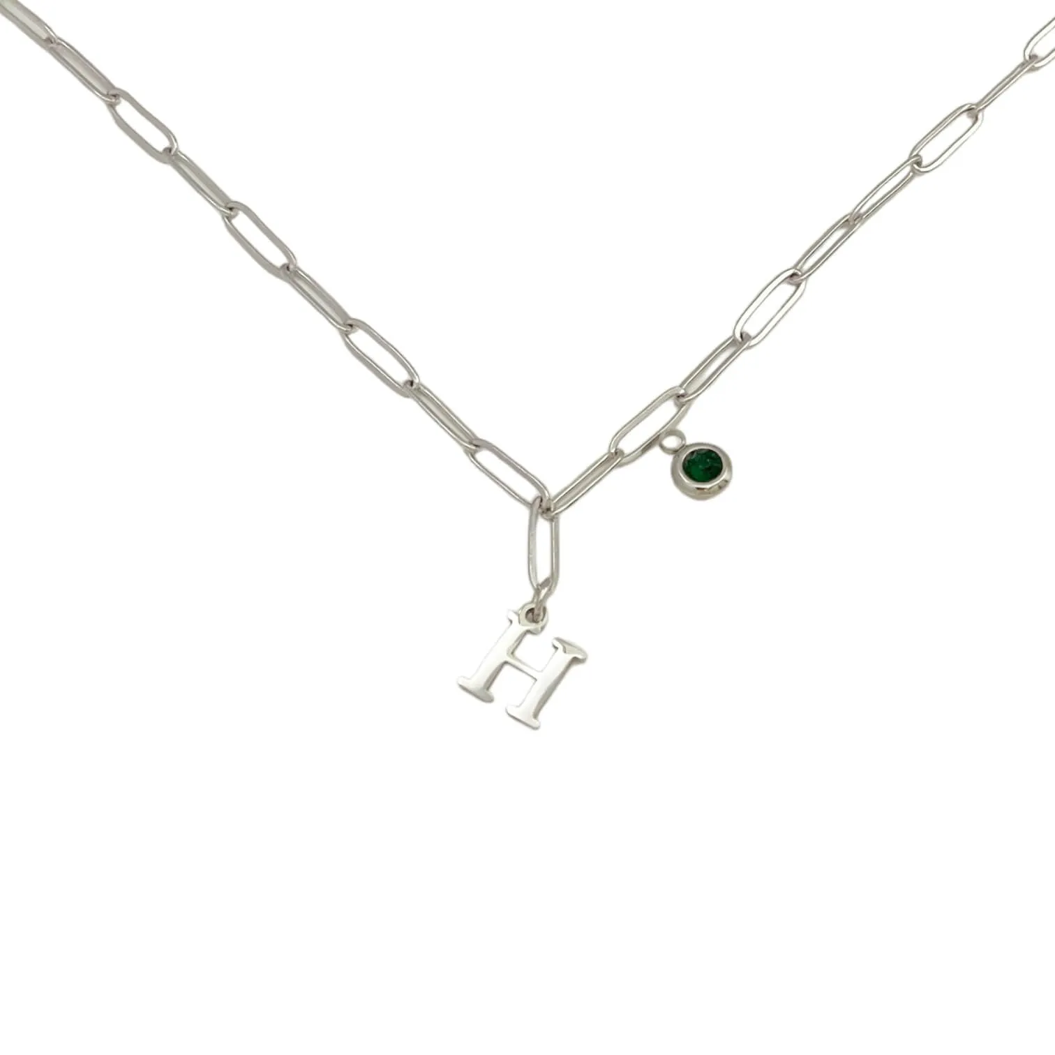 Alphabet Birthstone Paperclip Necklace Silver (H-N)