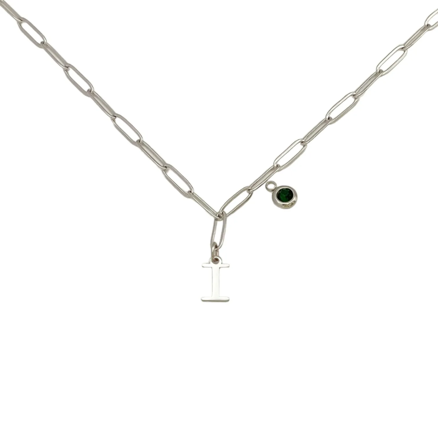 Alphabet Birthstone Paperclip Necklace Silver (H-N)