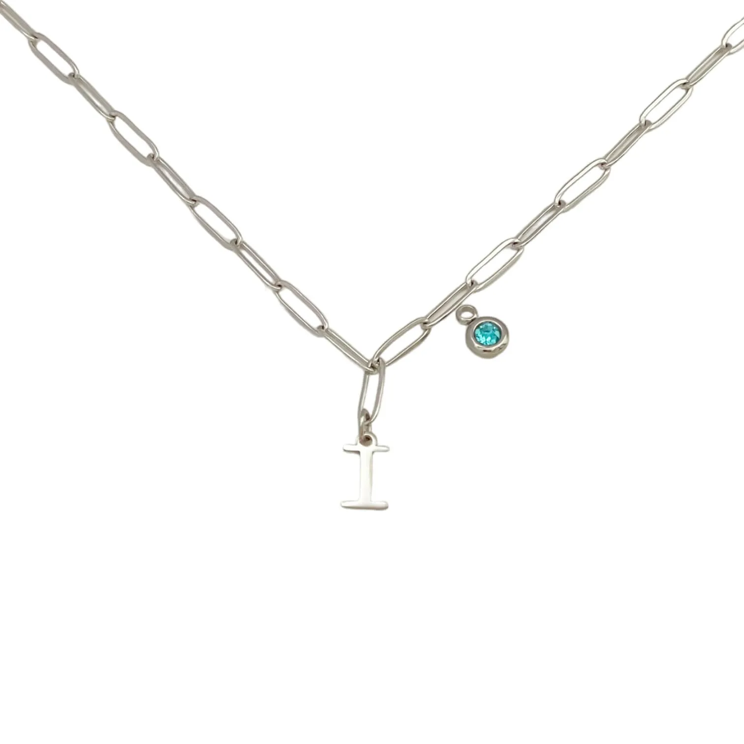 Alphabet Birthstone Paperclip Necklace Silver (H-N)