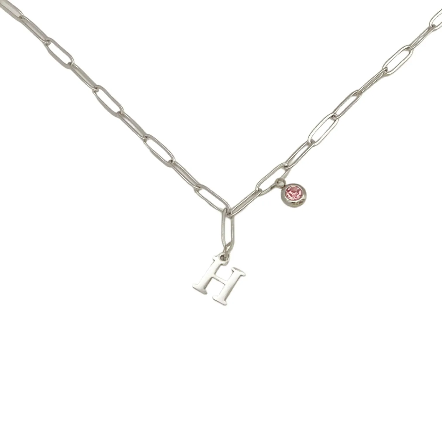 Alphabet Birthstone Paperclip Necklace Silver (H-N)