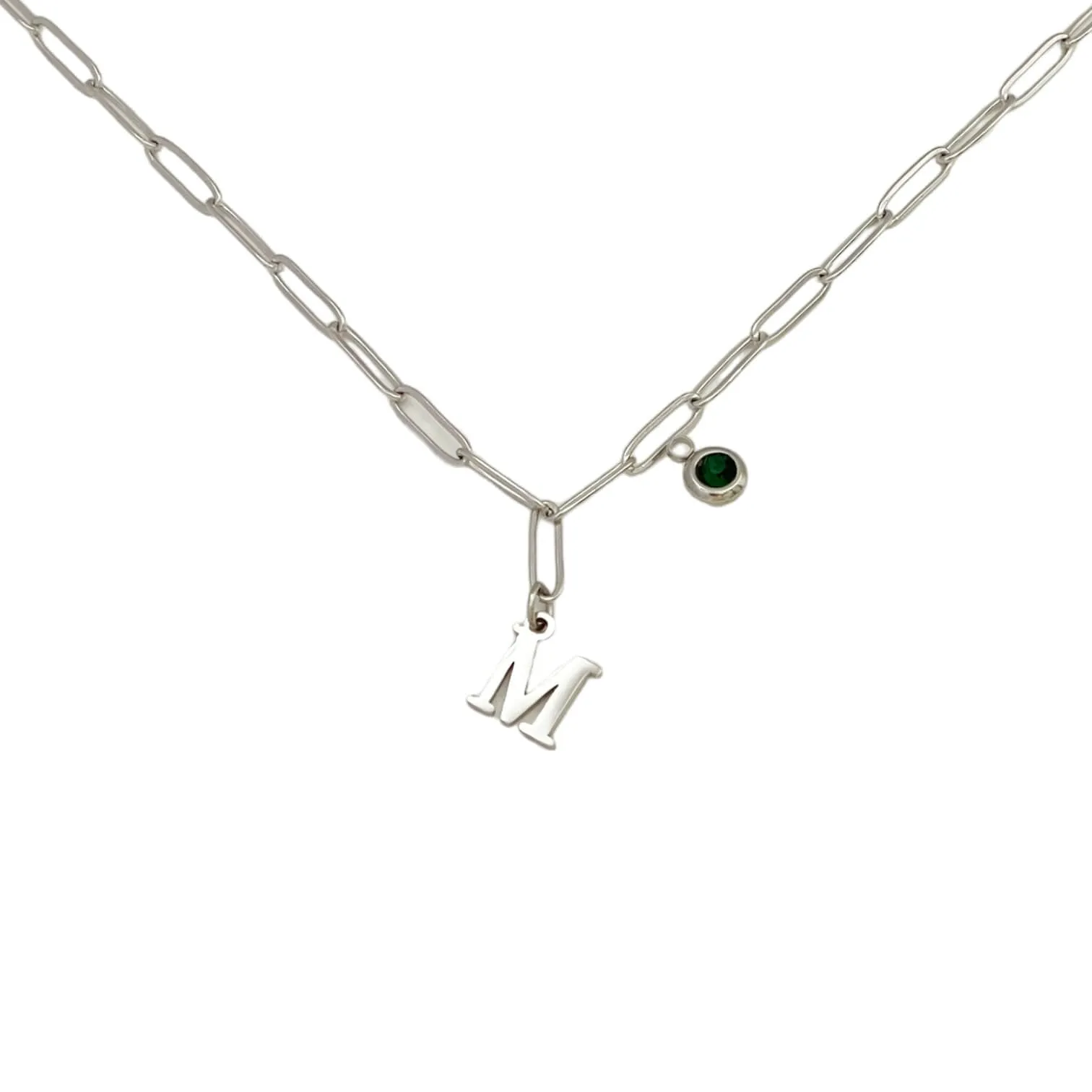 Alphabet Birthstone Paperclip Necklace Silver (H-N)