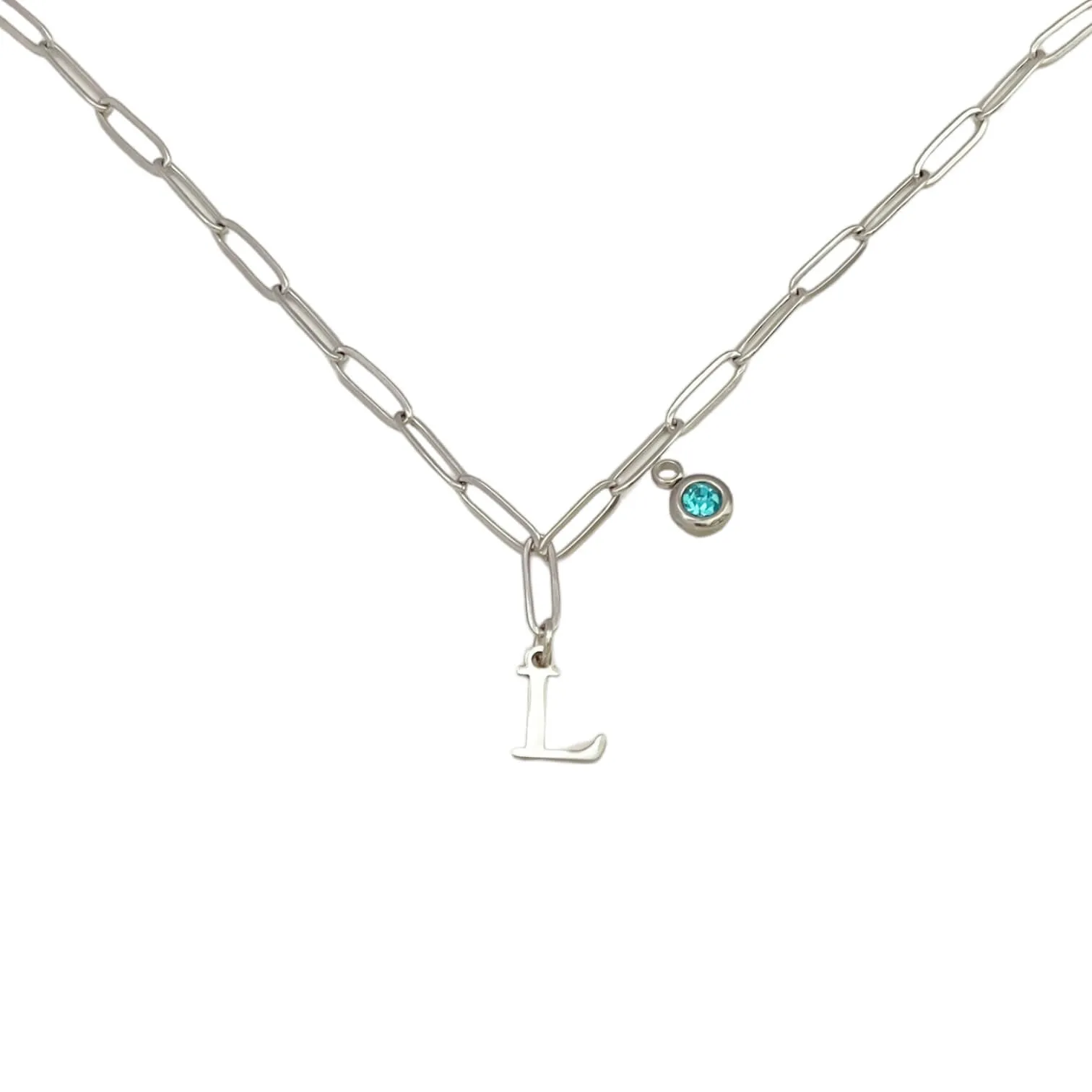 Alphabet Birthstone Paperclip Necklace Silver (H-N)