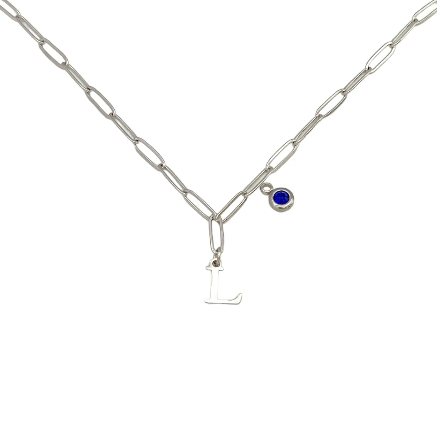 Alphabet Birthstone Paperclip Necklace Silver (H-N)