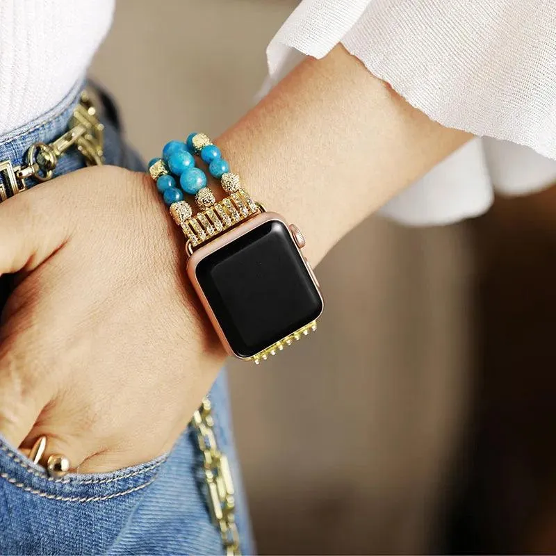 Howlite Gold Beads Stretchy Apple Watch Band