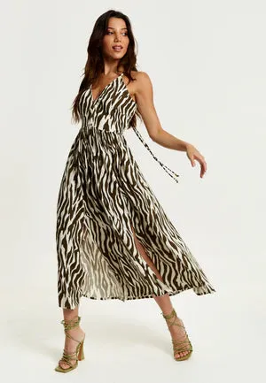 Liquorish Brown Zebra Strappy Midi Dress With Open Back