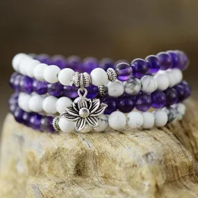 Lotus Amethyst and Howlite 108 Mala Beads Necklace