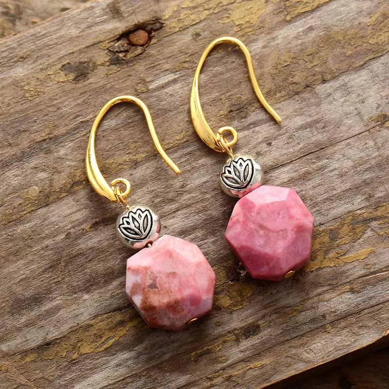 Lotus Bead Rhodonite Drop Earrings