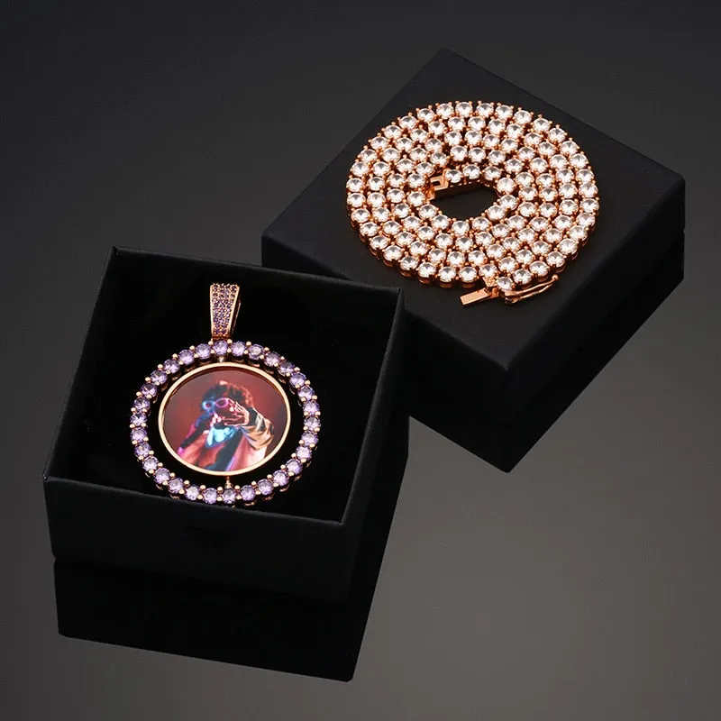 New 18K Gold Plated Durable Personalized Double Sided Photo Rotating Medallion Hip Hop Necklace