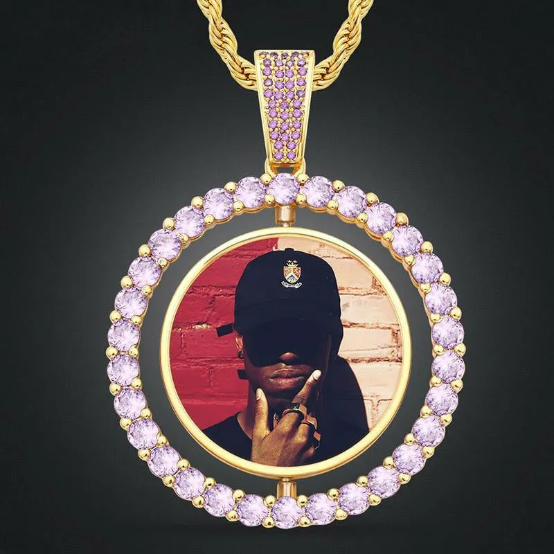 New 18K Gold Plated Durable Personalized Double Sided Photo Rotating Medallion Hip Hop Necklace