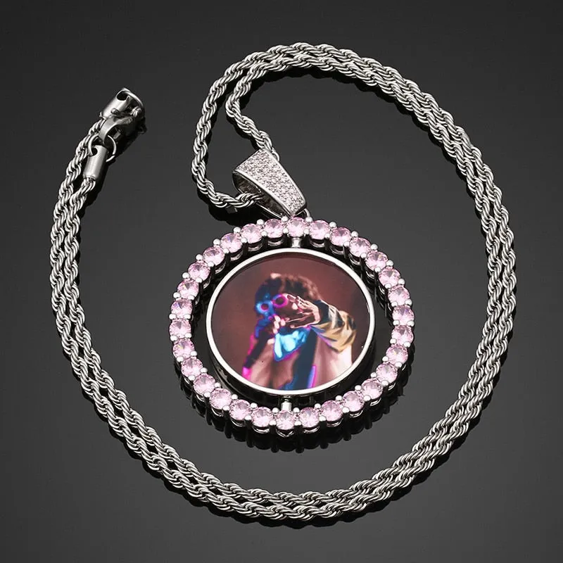 New 18K Gold Plated Durable Personalized Double Sided Photo Rotating Medallion Hip Hop Necklace