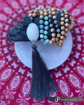 Sandalwood, Matte Amazonite, Pyrite, Druzy Agate, 8 mm Crystal Mala, Heart Chakra